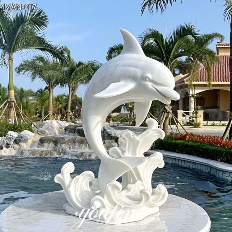White Hand Carved Marble Dolphin Statue Decor