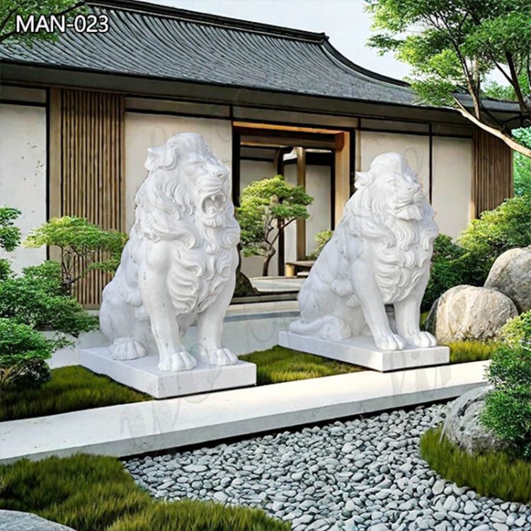 Outdoor White Marble Guardian Lion Statue for Sale